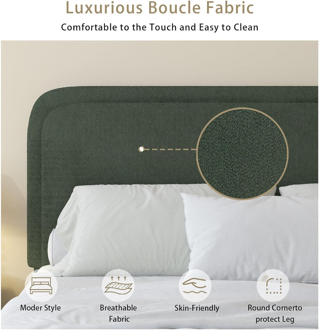 BarnFurin Queen Bed Frame with Headboard, Boucle Upholstered Platform Bed with Wood Slats, Soft Rounded Corners, No Box Spring Required, Non-Slip and Noise-Free, Easy Assembly, Green