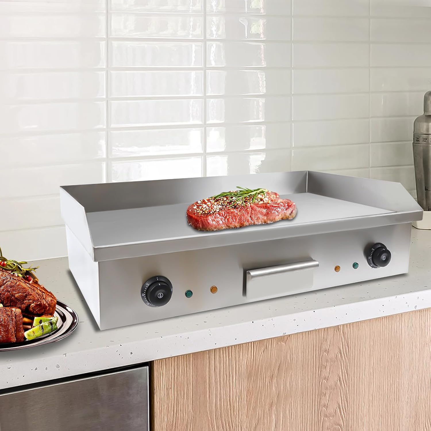 Flat Top Griddle,Electric Countertop Flat Top Griddle Grill,Non-Stick Commercial Teppanyaki Grill with Thermostatic Temperature Control,28.62 * 15.75in