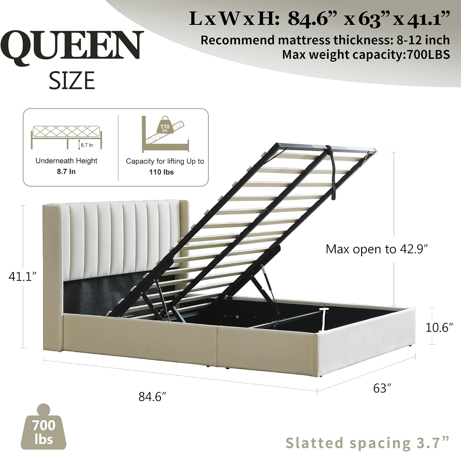 YUHUASHI Queen Size Hydraulic Storage Bed, Upholstered Platform Bed Frame, Modern Wingback Design Headboard, Velvet Fabric with Hydraulic Support Bars, No Box Spring Required (Cream, Queen)
