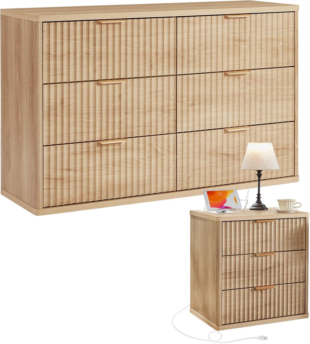LEYAOYAO Fluted Dresser and Nightstand Sets, Wood 48' Wide Dresser & 23' Night Stand with Charging Station, 2 Piece Bedroom Furniture Set, Chest of Drawers for Bedroom, Home, Living Room,Wood