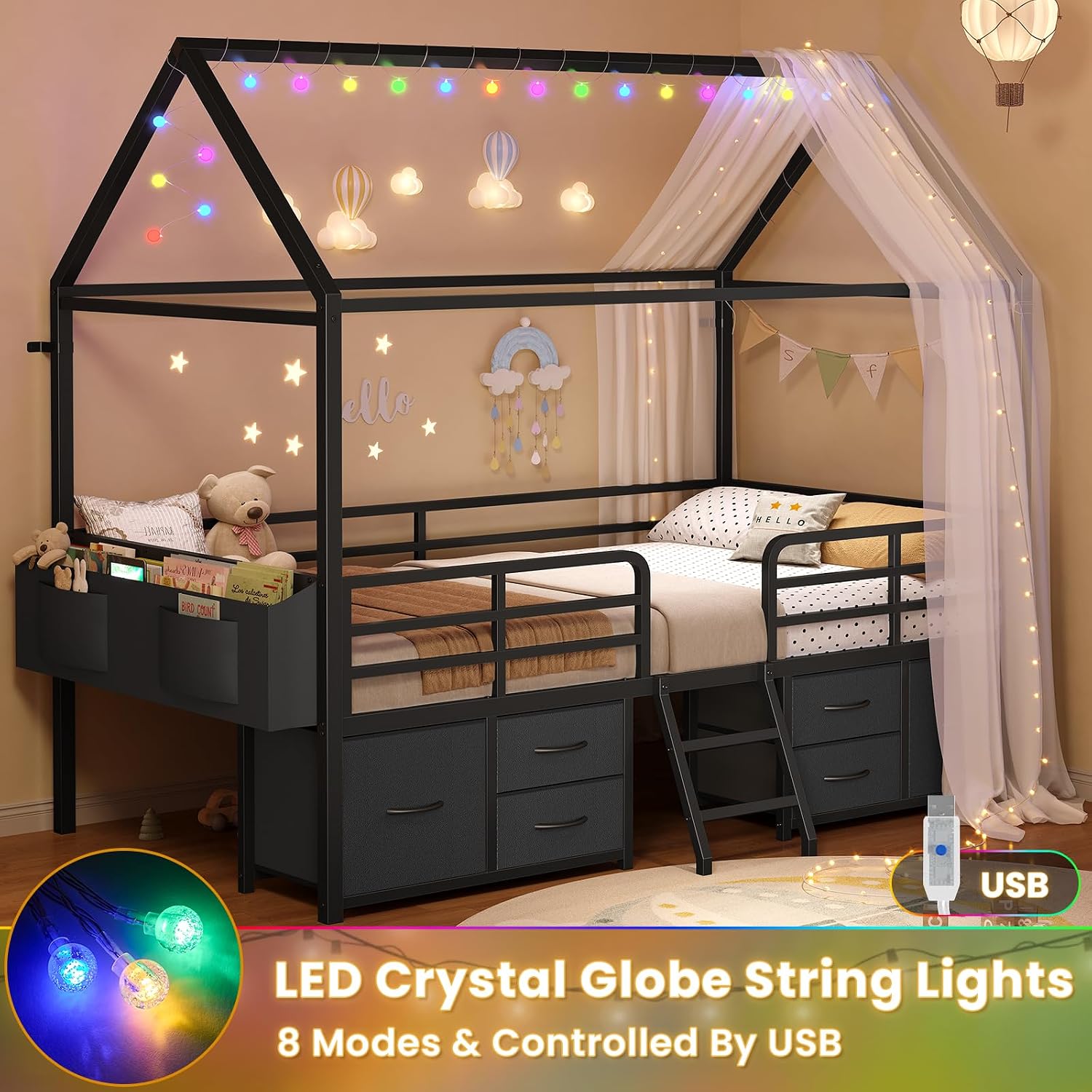 ADORNEVE Twin Size Bed Frame with 6 Drawers,House Bed with Globe String Lights Plug in,Metal Kids Bed with Safety Guardrail & Inclined Ladder,No Box Sping Needed,Black