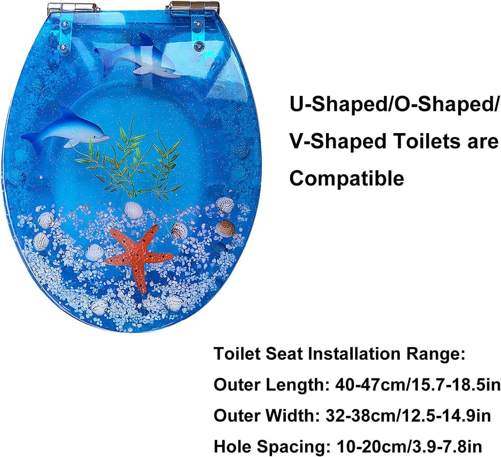Resin Toilet Seat, Round Seats with Ocean Design, Soft Close and Quick Release Hinges, for Bathroom, Home, and Guest Restroom(Blue2)