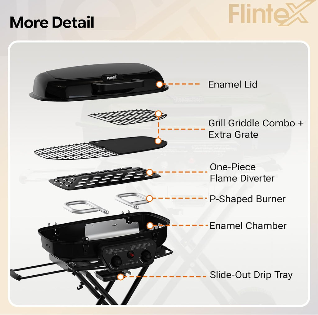 Flintex 2-Burner Portable Propane Gas Grill, Foldable 2-in-1 Camping Propane Grill with Porcelain-Enameled Griddle & Grill Grate for Outdoor Camping Picnics Backyard Cooking, Black