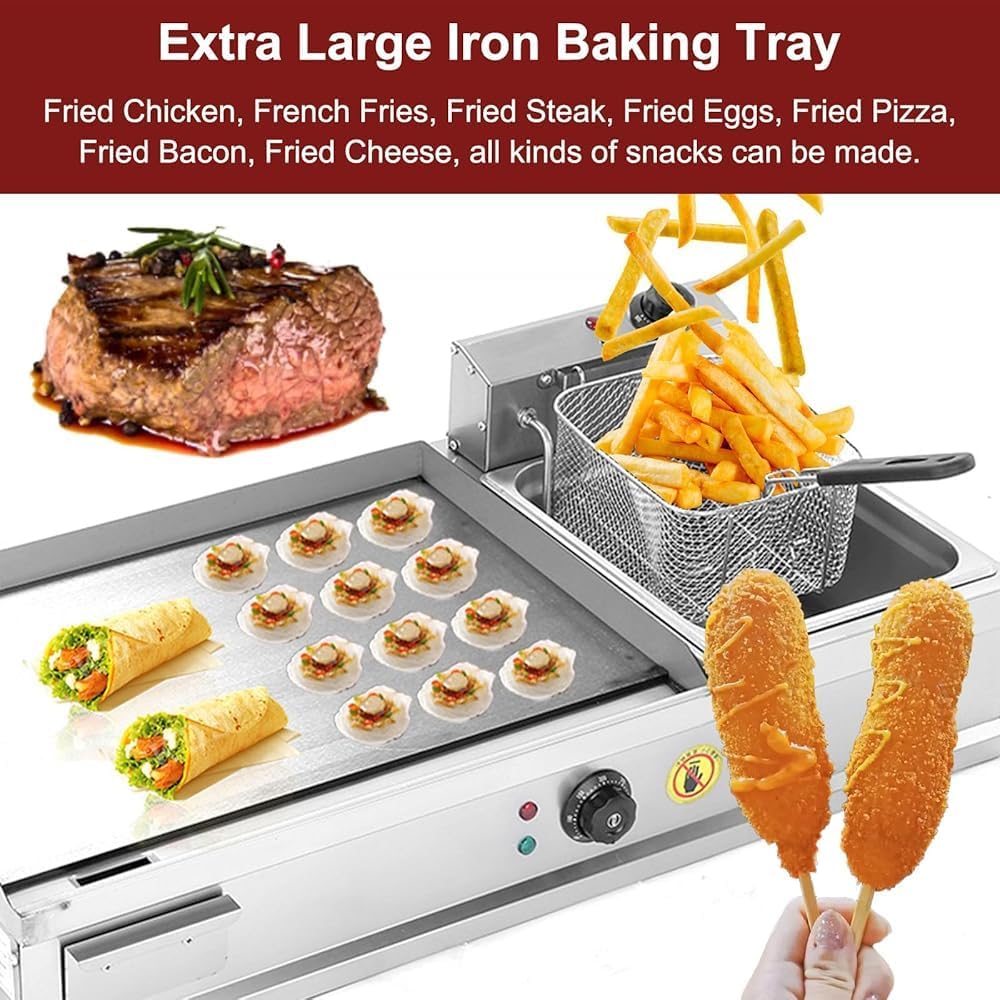 Commercial Electric Griddle with Deep Fryer Indoor Cooking Flat Top Grill with Seasoning Rack for Versatile Meal Preparation