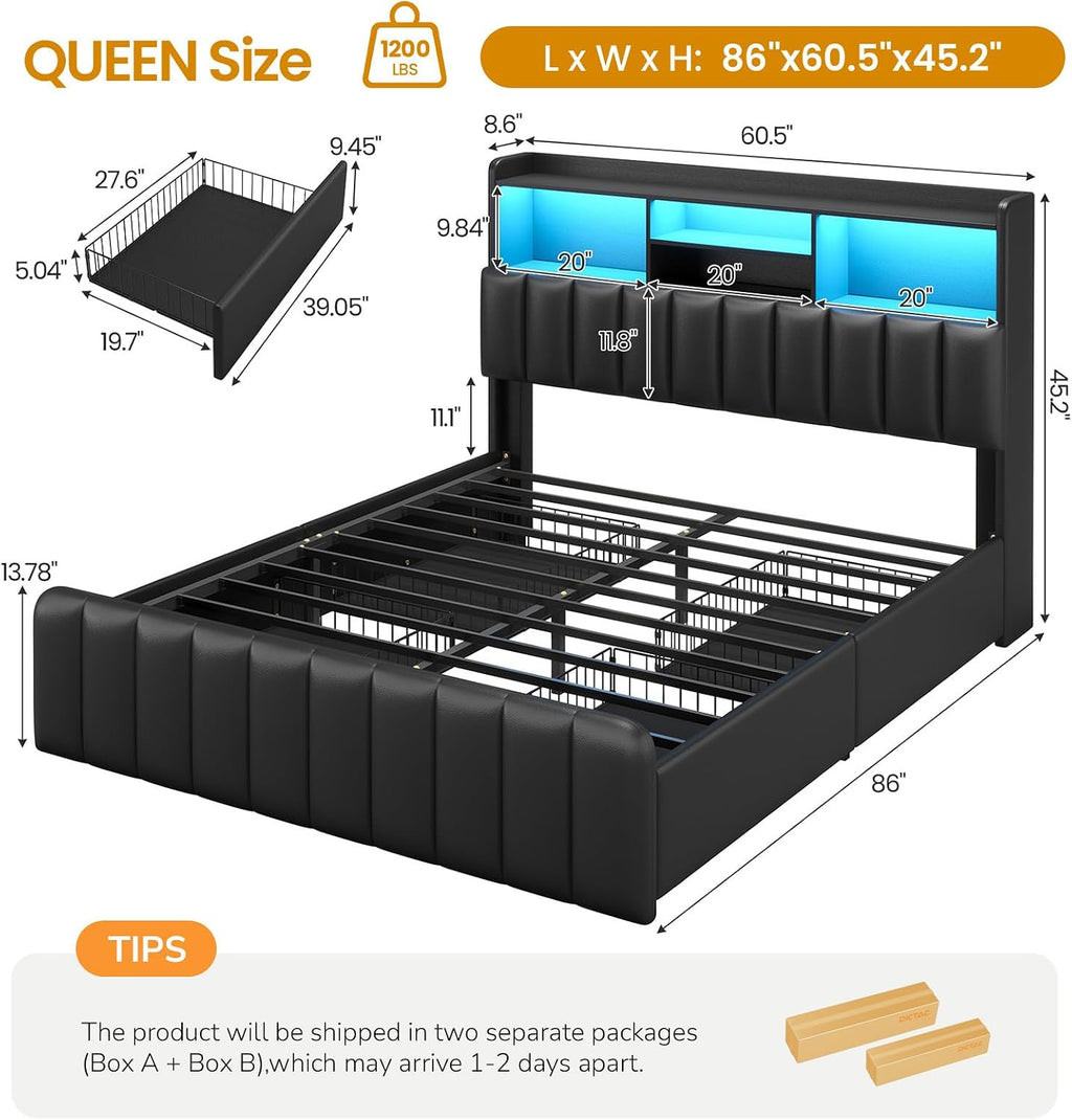 DICTAC Queen Bed Frame with Bookcase Headboard, Upholstered Bed Frame with Storage and 4 Oversized Drawers, LED Lights and Charging Station, Strong Metal Slats, No Box Spring Needed, Noise Free, Black