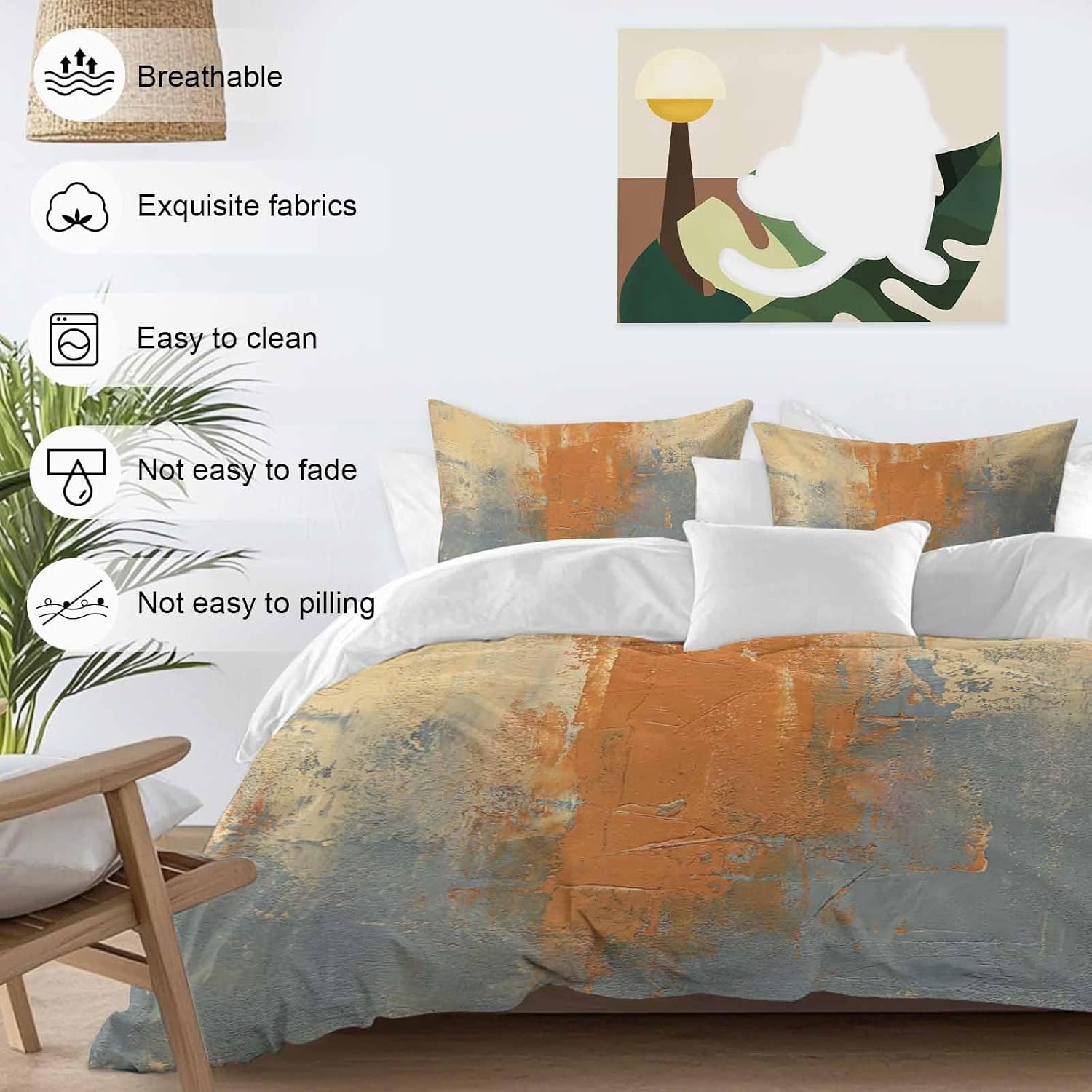 Abstract Art Duvet Cover Set Queen Size 4 Pieces Orange Grey Wall Mottled Texture Minimalist Modern Bedding Set with Zipper Closure, 1 Comforter Cover 92x106 Inches 1 Flat Sheet & 2 Pillow Cases