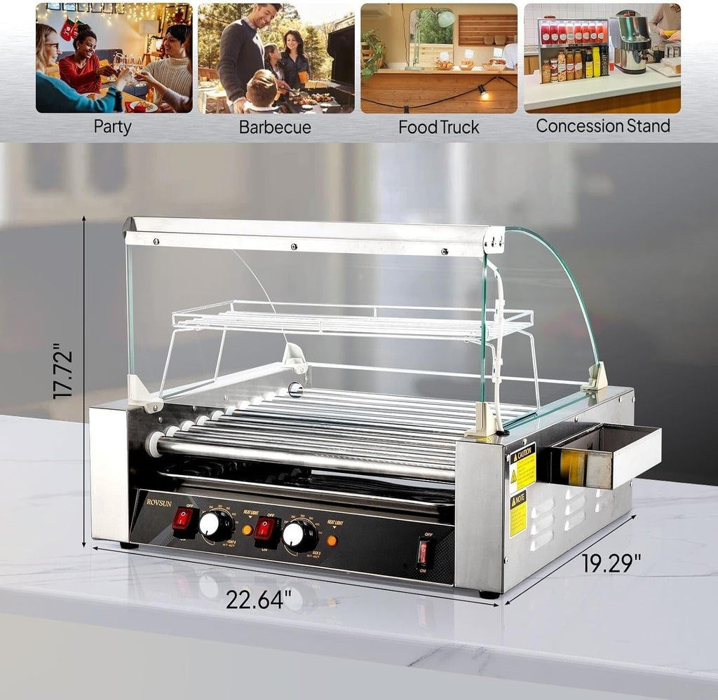 ROVSUN Hot Dog Roller, 30 Hot Dog 11 Rollers ETL Certified, Hot Dog Machine Sausage Grill Cooker with Dual Temp Control, Glass Cover, LED, Side Storage Box, Shelf & Drip Tray for Home Commercial 1650W