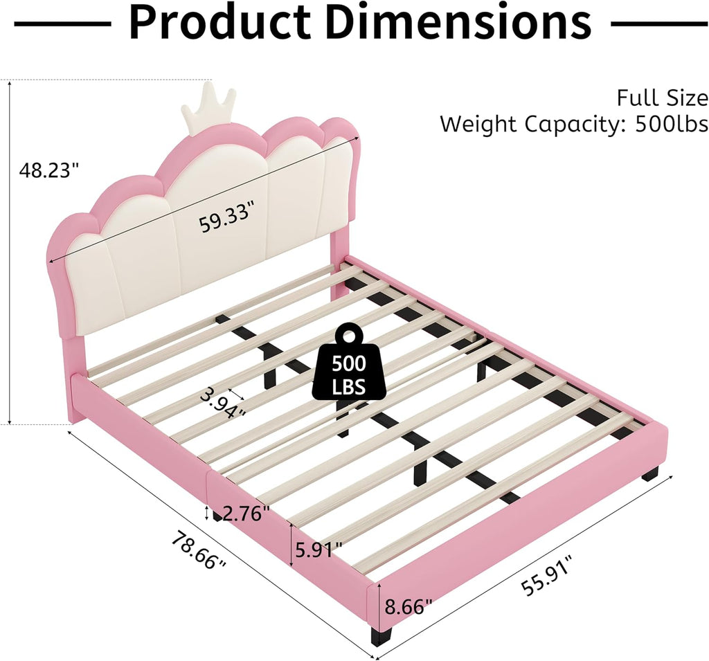 Merax Kid Full Upholstered Day Bed Frame with Crown Headboard, Wood Princess Low Platform Bed for Boys Girls,Easy Assemble White/Pink
