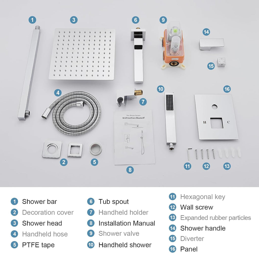 AVSIILE Shower Faucet Set with Tub Spout, Chrome Rain Shower Mixer Valve and Trim Kit System with Base Complete, Rainfall Modern Shower Head and Handheld Handle Set Combo for Bathroom, 10 Inch