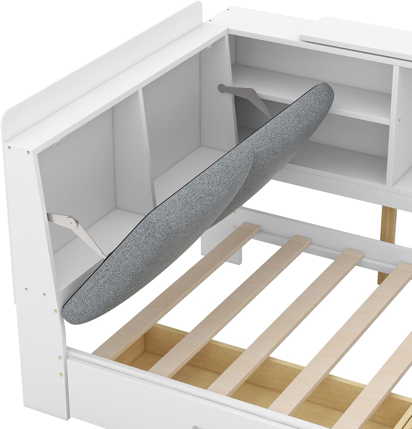 Bellemave Twin Corner Bed Frame, Captains Bedframe, Wood Twin Size Daybed with L-Shaped Bookcase and 2 Drawers，Twin Daybeds with Storage Cabinets, White