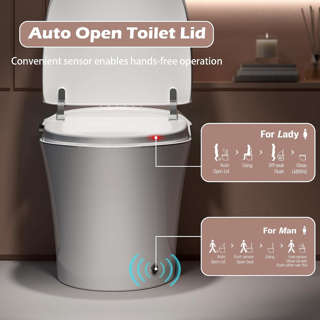 WinZo Smart Toilet With Bidet, ADA One-Piece Elongated, Auto Open/Close & Flush, Heated Seat, Front & Rear Wash, LED Display, Night Light, 12-inch Rough-in, White, Ceramic (White)