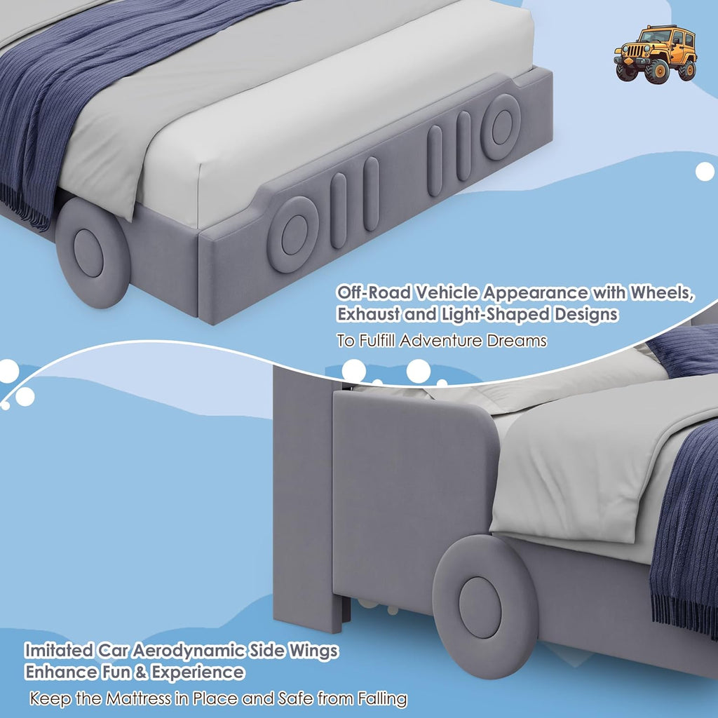Keyluv Full Car Bed Frame with LED Lights and Charging Station, Upholstered Platform Bed with Button Tufted Headboard and Wheels, No Box Spring Needed, Noise-Free, Easy Assembly, Velvet Grey