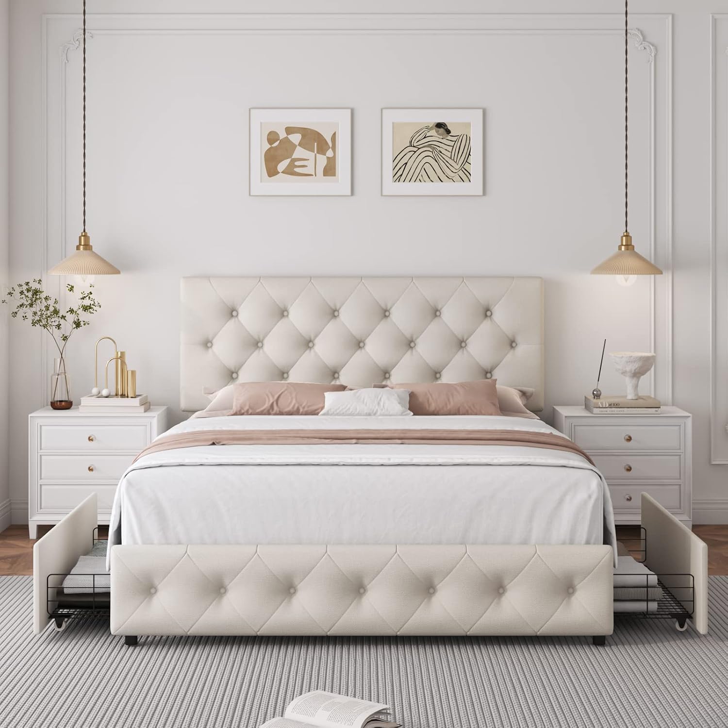TTVIEW Full Size Bed Frame with 4 Storage Drawers and Adjustable Headboard, Upholstered Platform Bed with Button Tufted Design, Strong Wooden Slats Support, No Box Spring Needed, Fabric, Cream