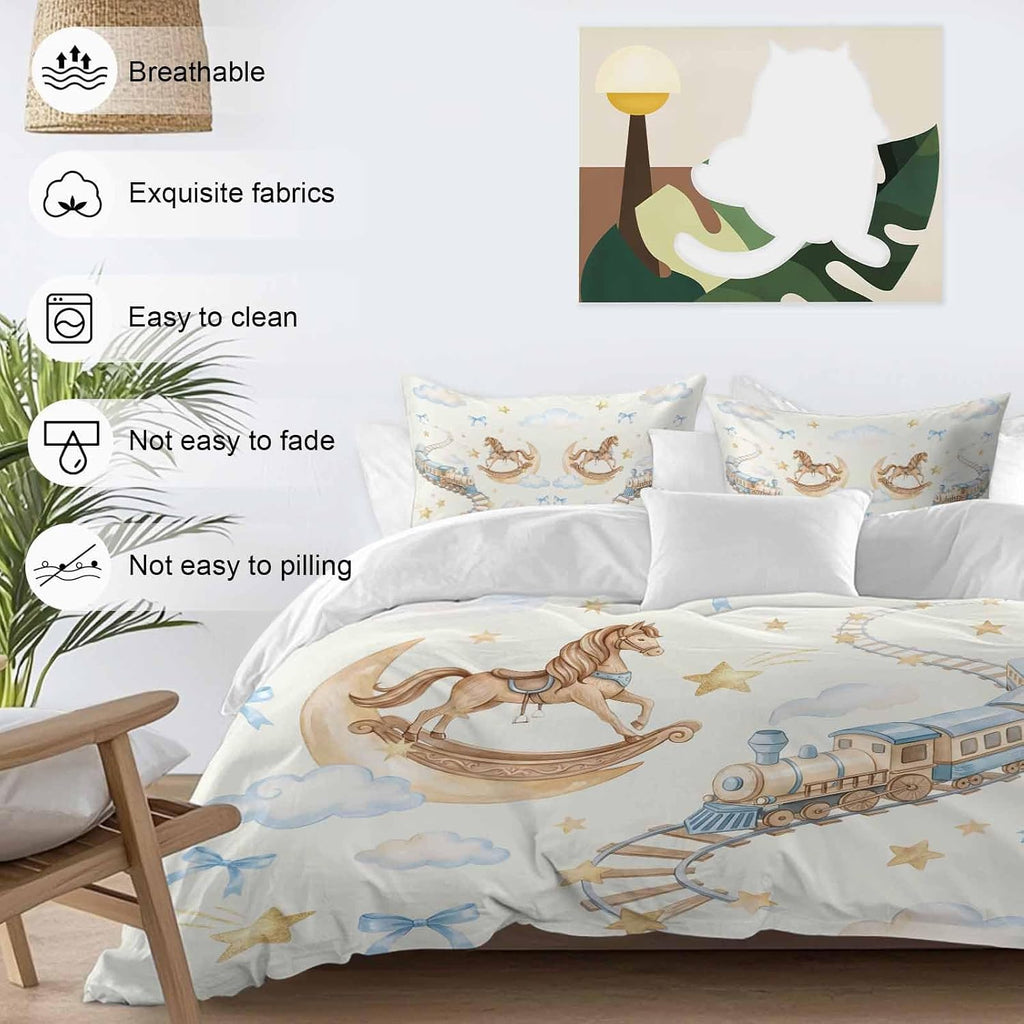 Horses Stars Duvet Cover Set Queen Size 4 Pieces Trains Rail Orbits Cloud Moon Blue Bow Yellow Bedding Set with Zipper Closure, 1 Comforter Cover 90x92 Inches 1 Flat Sheet & 2 Pillow Cases