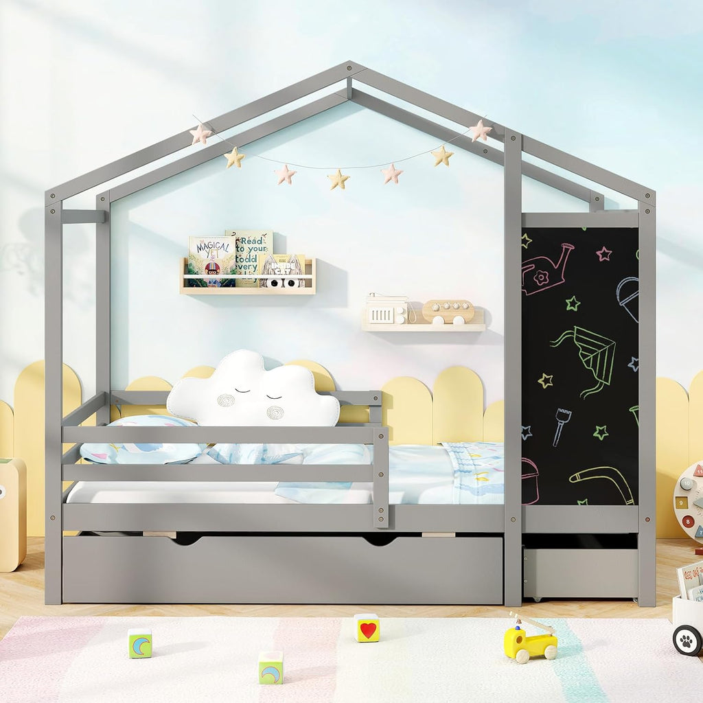 Giantex Twin Bed with 2 Storage Drawers, Solid Wood House Bed with Blackboard & Safety Guardrails, Twin House Bed w/Slats Support, No Box Spring Needed, Twin Bed Frames for Kids Girls Boys (Grey)
