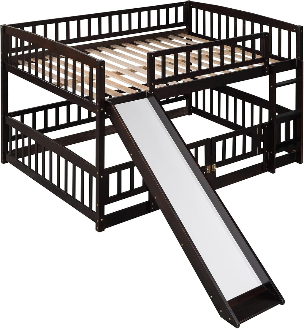 Bellemave Full Over Full Low Bunk Bed with Slide and Fence Railings Wood Floor Bunk Beds with Ladder for Kids Boys Girls Teens, Espresso