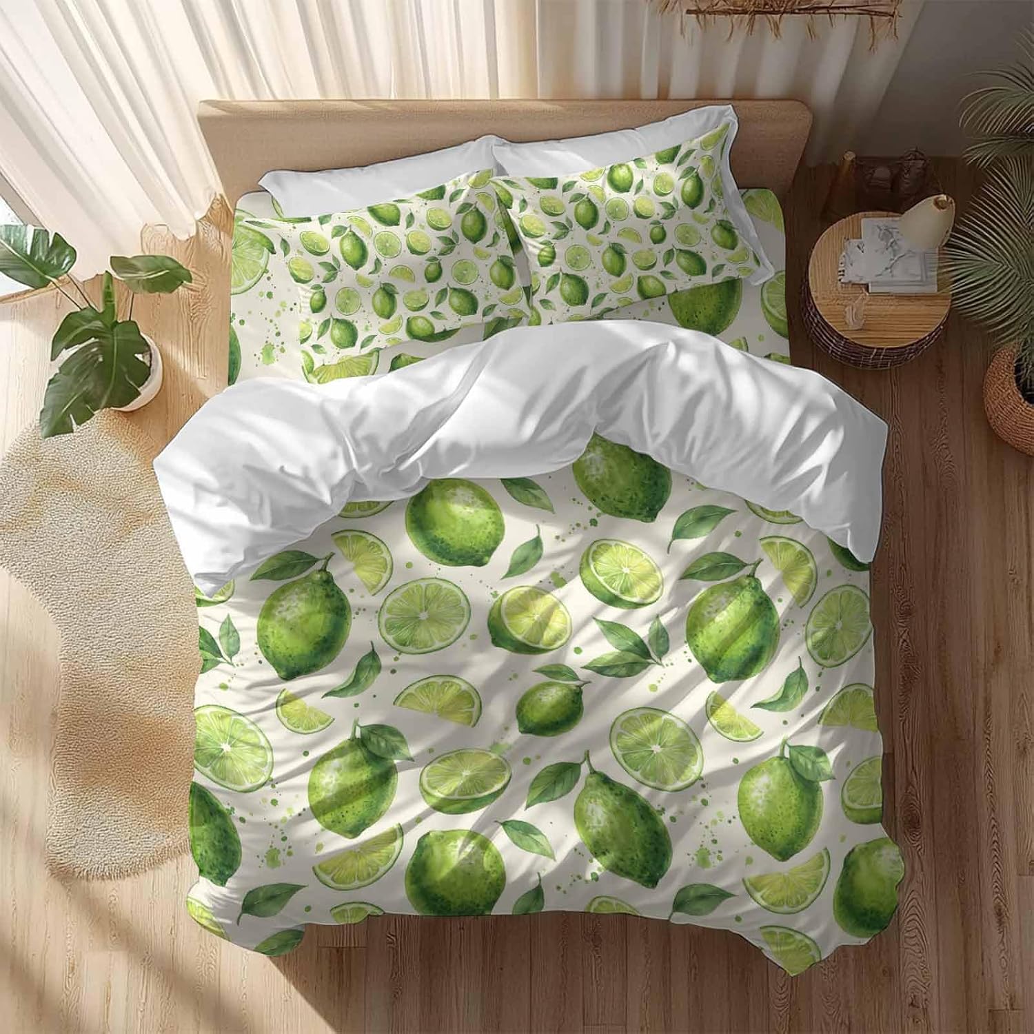 Summer Fruit Duvet Cover Set Queen Size 4 Pieces Watercolor Green Lemon Lime Slice Leaf Rustic Bedding Set with Zipper Closure, 1 Comforter Cover 92x106 Inches 1 Flat Sheet & 2 Pillow Cases