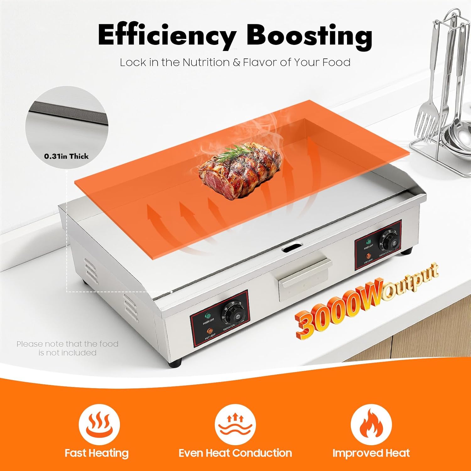 Electric Countertop Griddle, 3000W Commercial Flat Top Grill for Steak Burgers Nonstick Stainless Steel Restaurant Kitchen Cooking Equipment Adjustable Temperature Control for Food Truck Diner Home