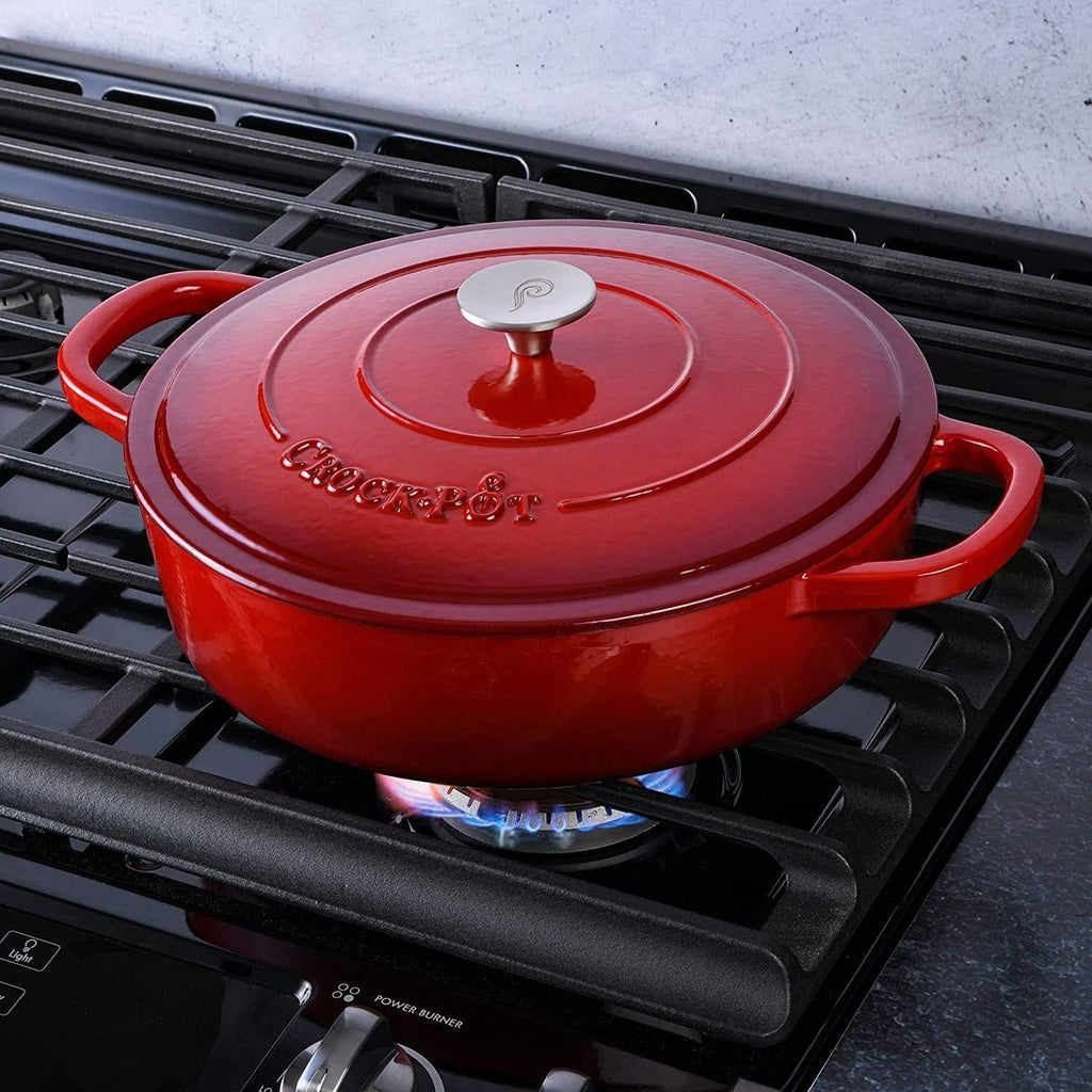5 Quart Enameled Cast Iron Braiser Pan with Self-Basting Lid – Round Dutch Oven Casserole Dish for Roasting, Simmering & Baking – Oven Safe with Large Handles for Easy Lifting (Red)