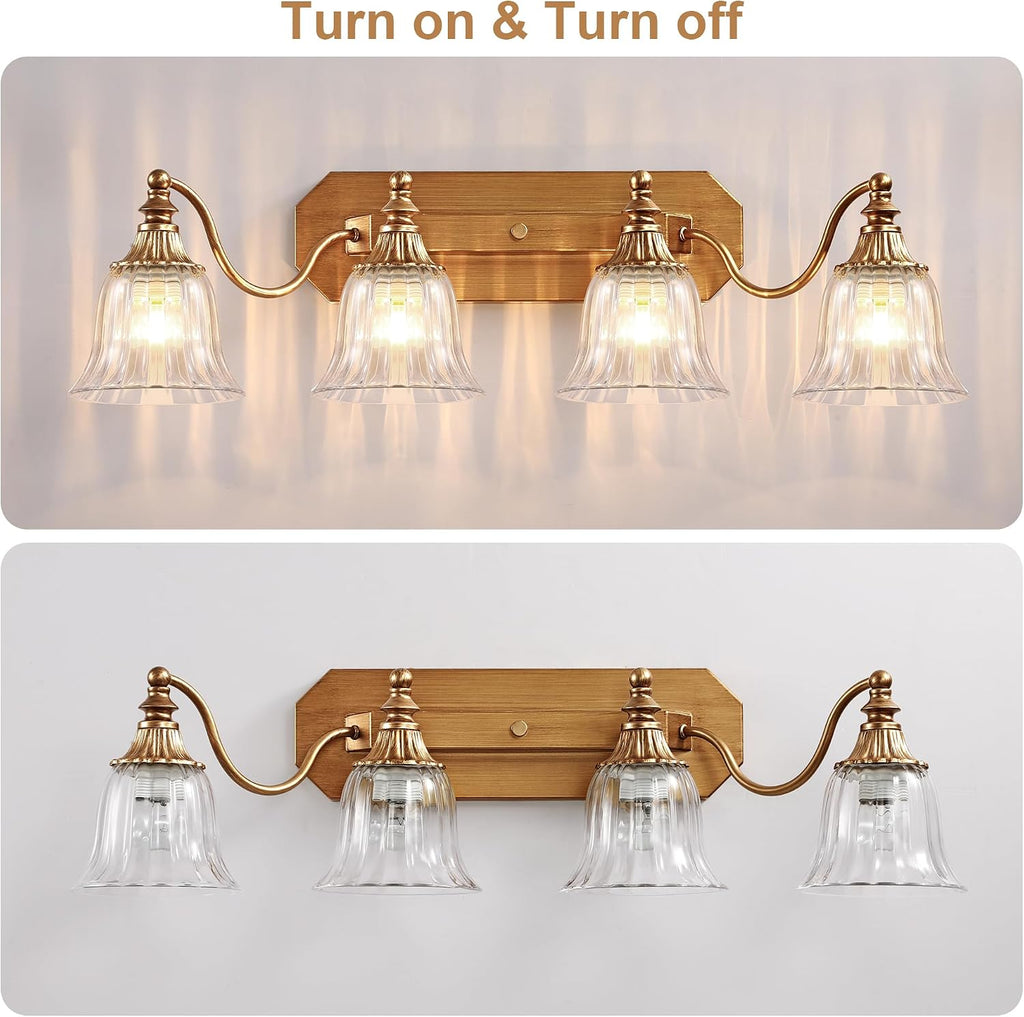 Gold Vintage Bathroom Light Fixtures, 4-Lights Bathroom Vanity Light, Antique Brushed Gold Lighting Fixtures Over Mirror with Crystal Glass Shade, Wall Sconce Lighting