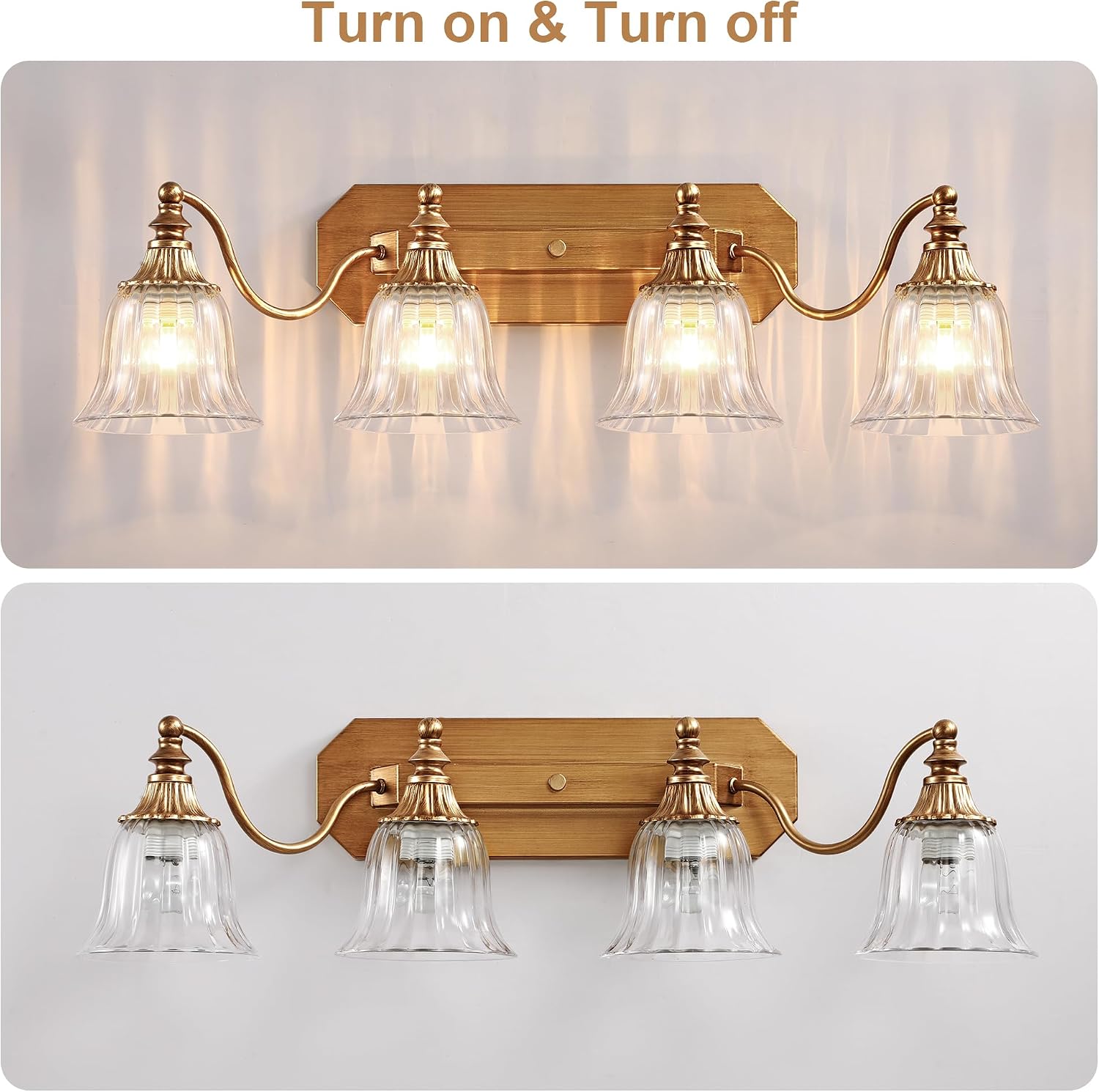 Gold Vintage Bathroom Light Fixtures, 4-Lights Bathroom Vanity Light, Antique Brushed Gold Lighting Fixtures Over Mirror with Crystal Glass Shade, Wall Sconce Lighting