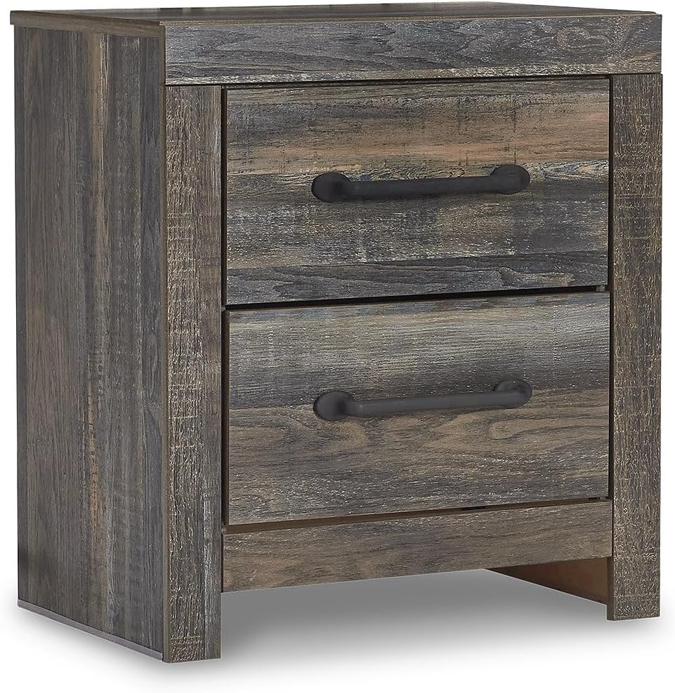 Signature Design by Ashley Drystan Rustic Industrial 2 Drawer Nightstand with 2 Slim-Profile USB Charging Stations, 24.37' Tall, Weatherworn Brown