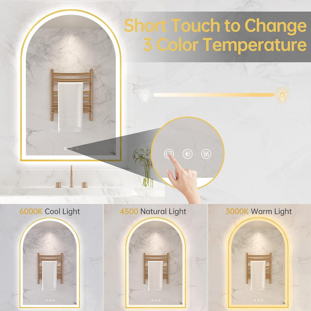 24'x36' Arched LED Mirror for Bathroom, Brushed Gold Lighted Bathroom Mirror with Lights, Fogless, Dimmable, Shatterproof, Touch Sensor, 3 Color Changing