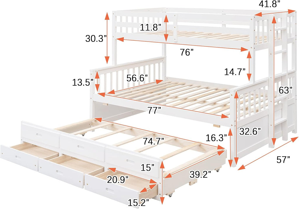 Harper & Bright Designs Twin Over Full Bunk Bed with Trundle, Solid Wood Bunk Bed Frame with Storage Drawers, for Kids Teens Adults (White)
