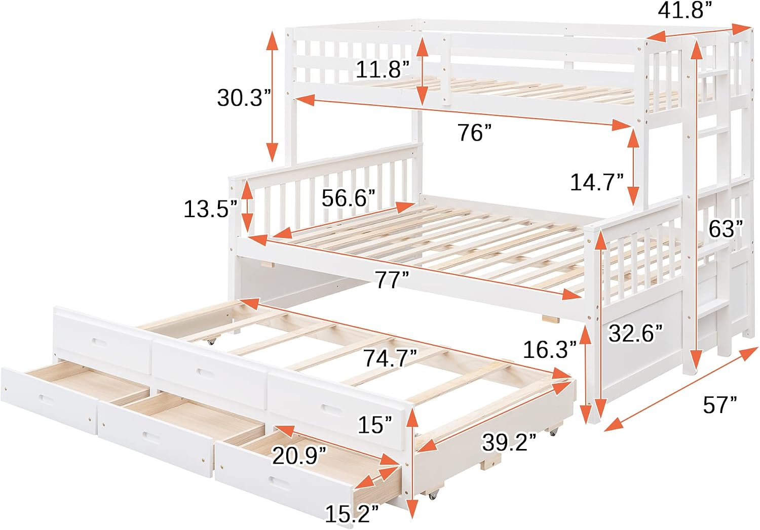 Harper & Bright Designs Twin Over Full Bunk Bed with Trundle, Solid Wood Bunk Bed Frame with Storage Drawers, for Kids Teens Adults (White)