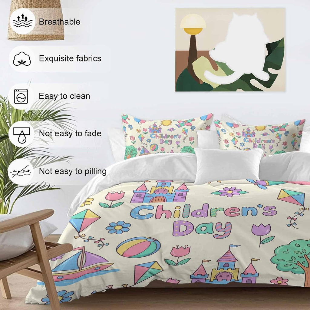 Children's Day Duvet Cover Set Queen Size 4 Pieces Cartoon Sun Airplanes Castles Kites Boat Balloon Beige Bedding Set with Zipper Closure, 1 Comforter Cover 90x92 Inches 1 Flat Sheet & 2 Pillow Cases