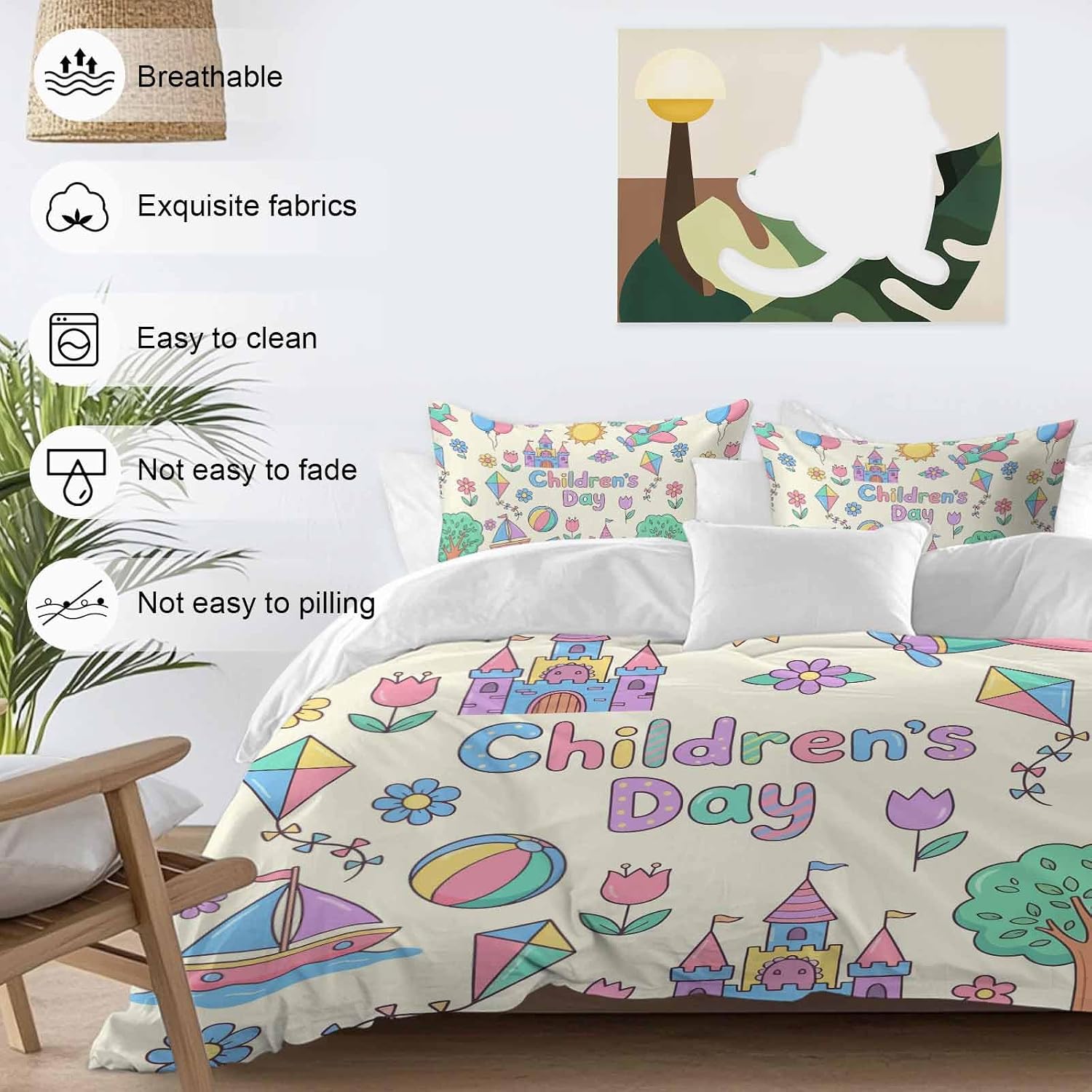 Children's Day Duvet Cover Set Queen Size 4 Pieces Cartoon Sun Airplanes Castles Kites Boat Balloon Beige Bedding Set with Zipper Closure, 1 Comforter Cover 90x92 Inches 1 Flat Sheet & 2 Pillow Cases