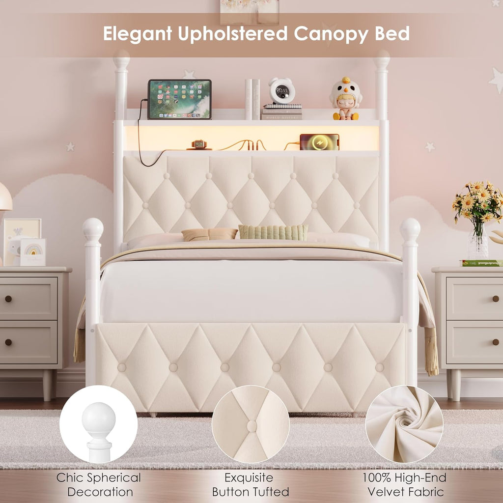 HIFIT Set of 2 Kids Twin Upholstered LED Canopy Bed Frame with Charging Station & Storage Drawer, Button Tufted Storage Headboard w/Bookshelf, Two-Use Girls Platform Bed frame w/4 Removable Post,Beige