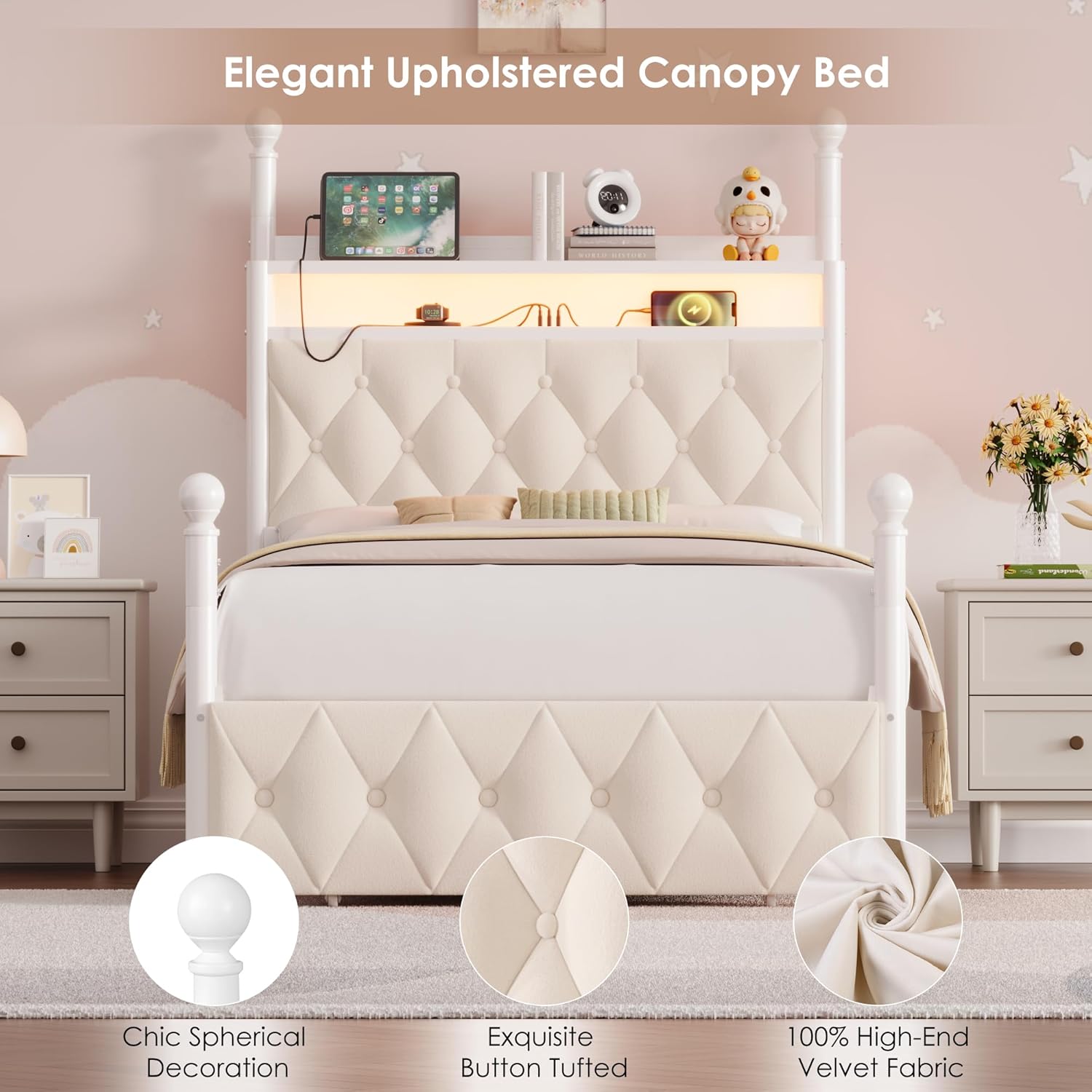 HIFIT Set of 2 Kids Twin Upholstered LED Canopy Bed Frame with Charging Station & Storage Drawer, Button Tufted Storage Headboard w/Bookshelf, Two-Use Girls Platform Bed frame w/4 Removable Post,Beige