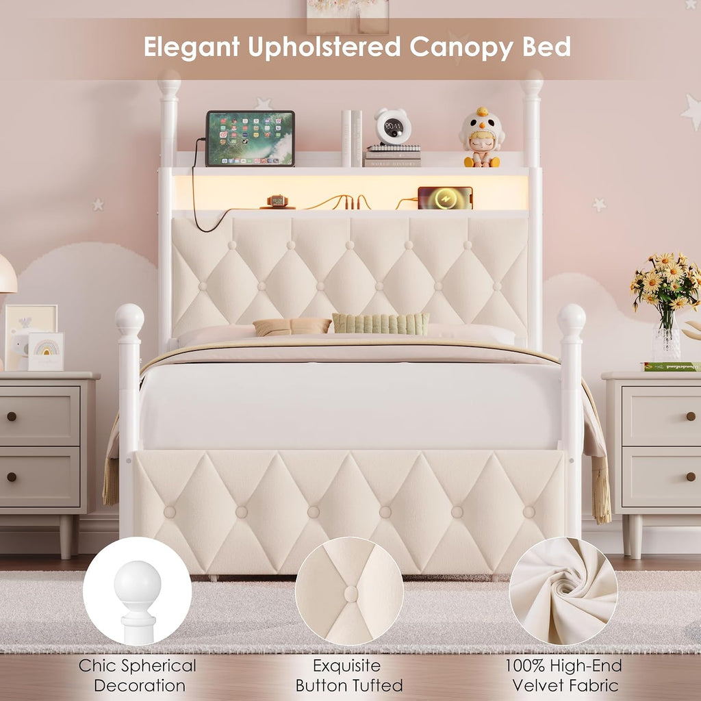 HIFIT Kids Twin Upholstered LED Canopy Bed Frame with Storage and Charging Station, Button Tufted Storage Headboard with Bookshelf, Two-Use Girls Metal Platform Bed, 4 Removable Post & 2 Drawer, Beige