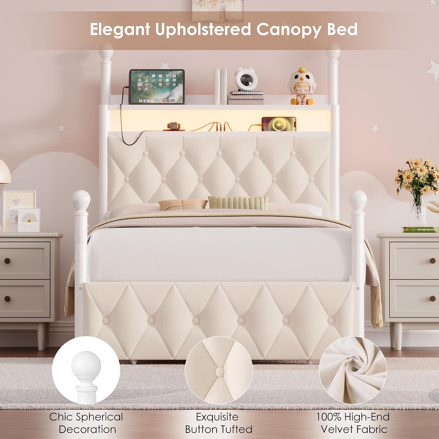 HIFIT Kids Twin Upholstered LED Canopy Bed Frame with Storage and Charging Station, Button Tufted Storage Headboard with Bookshelf, Two-Use Girls Metal Platform Bed, 4 Removable Post & 2 Drawer, Beige