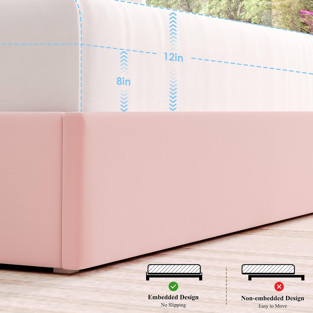 HOSTACK Full LED Bed Frame with Storage Headboard and Charging Station, Girls Bed Frame with 2 Drawers and USB Ports, Velvet Upholstered Platform Bed Frame with Bookcase, No Box Spring Needed, Pink