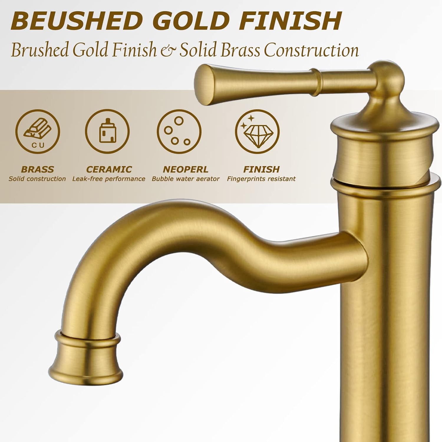 Vessel Sink Faucet Brushed Gold Bathroom Tall Faucet Single Hole Deck-Mount Pop up Drain Assembly Without Overflow Water Supply Lines Included