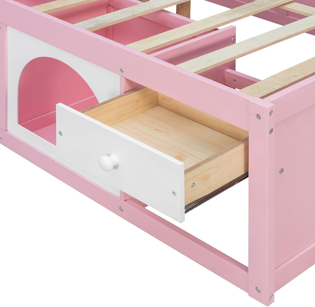 Bellemave Full Size Kids Bed with Display Cabinet, LED Light and Drawer, Wood Full Platform Bed with Bookshelf, BedFrames for Kids, Adults, Pink+White