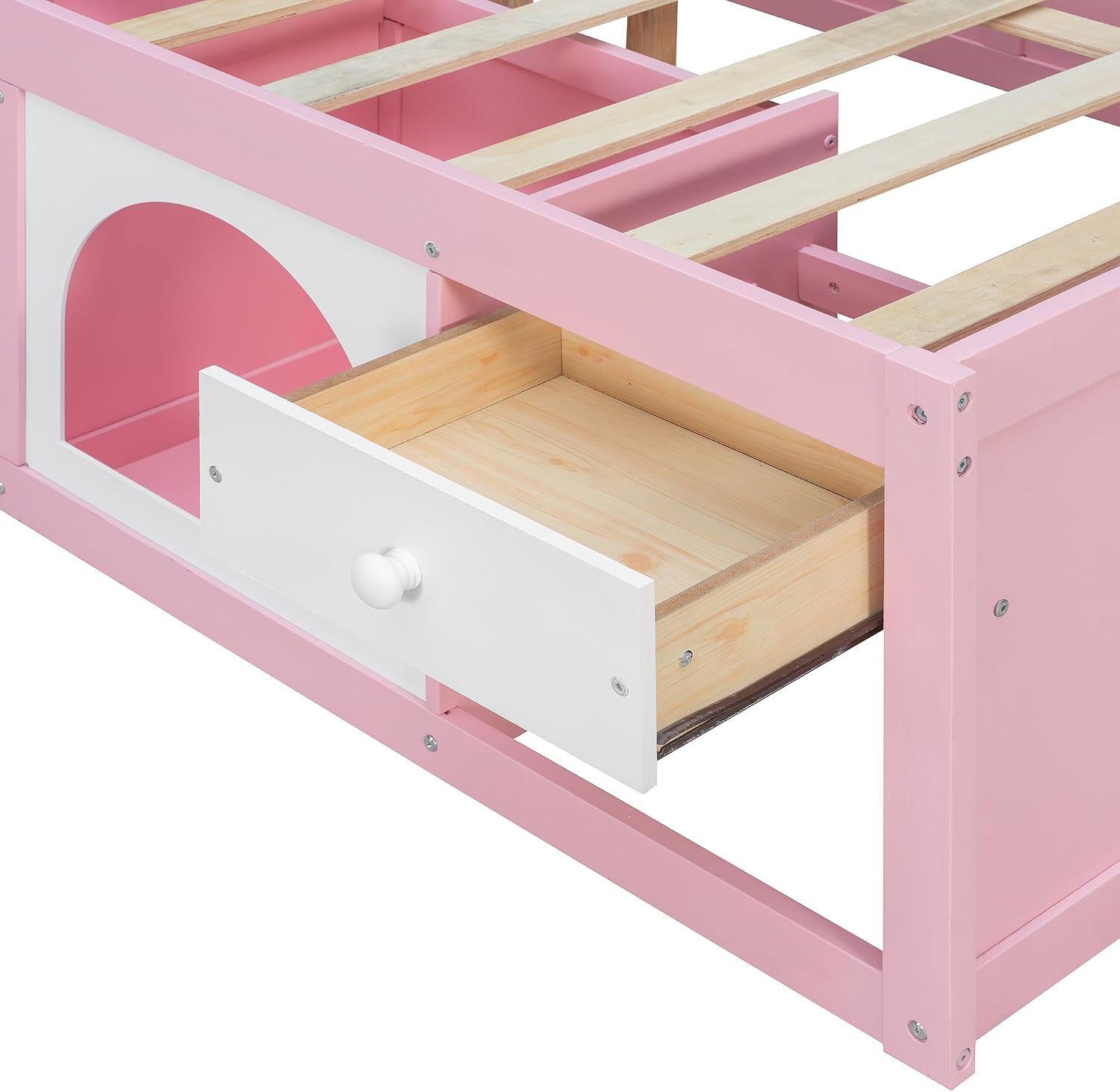 Bellemave Full Size Kids Bed with Display Cabinet, LED Light and Drawer, Wood Full Platform Bed with Bookshelf, BedFrames for Kids, Adults, Pink+White