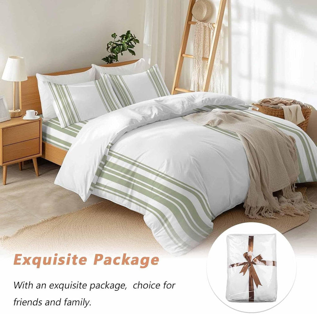 Sage Green and White Striped Duvet Cover Set Queen Size 4 Pieces Modern Minimalist Vertical Lines Bedding Set with Zipper Closure, 1 Comforter Cover 92x106 Inches 1 Flat Sheet & 2 Pillow Cases
