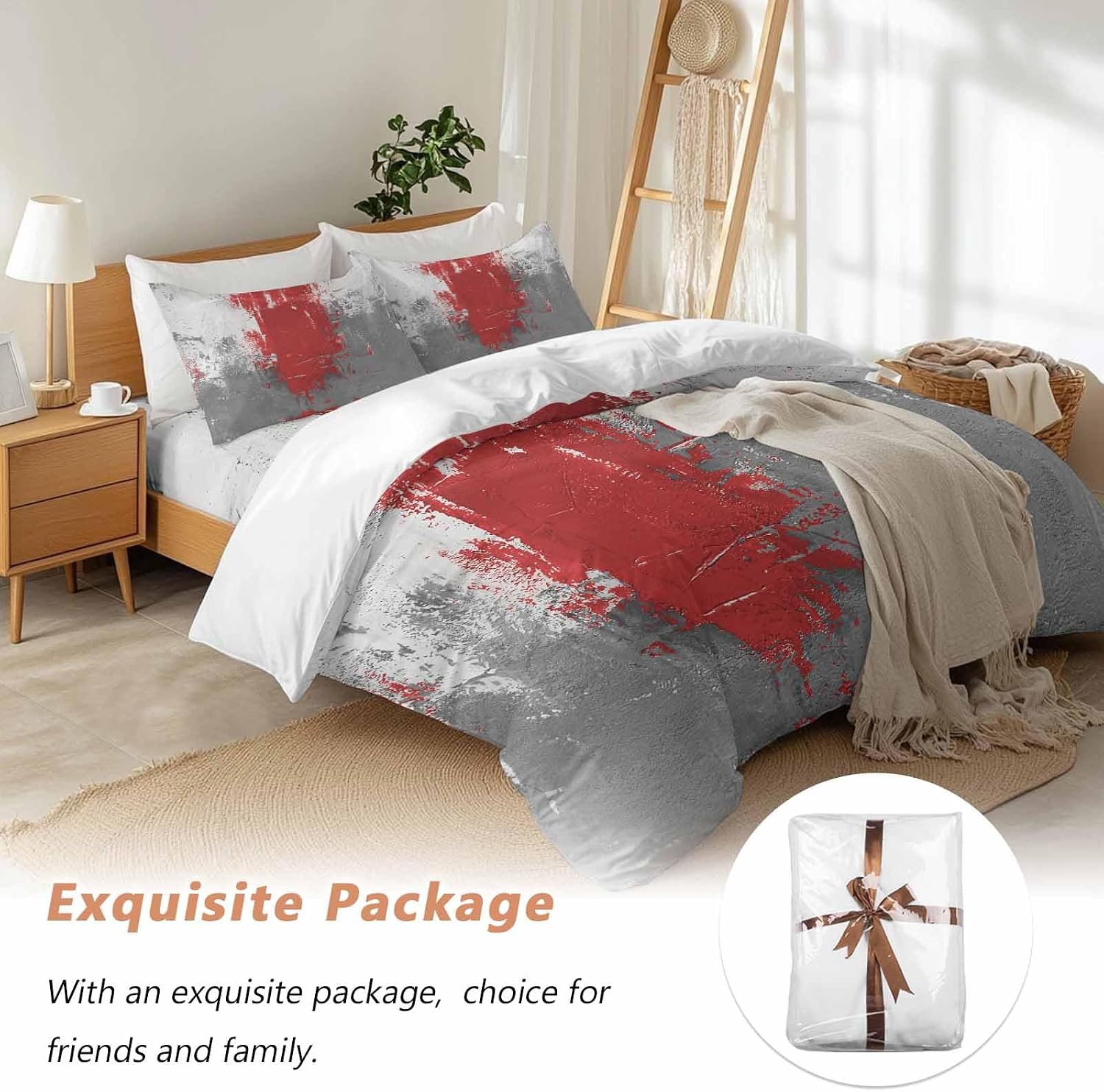 Abstract Art Duvet Cover Set Queen Size 4 Pieces Red Grey Wall Mottled Texture Minimalist Modern Bedding Set with Zipper Closure, 1 Comforter Cover 86x86 Inches 1 Flat Sheet & 2 Pillow Cases
