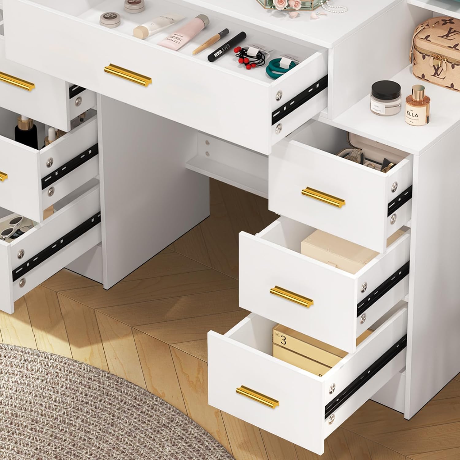 Vanity Desk with Mirror and Lights, Vanity Table with 7 Drawers and 6 Storage Shelves, 3 Lighting Modes Adjustable, Dressing Table Vanity Set, Makeup Vanity Table for Bedroom, Dressing Room, White