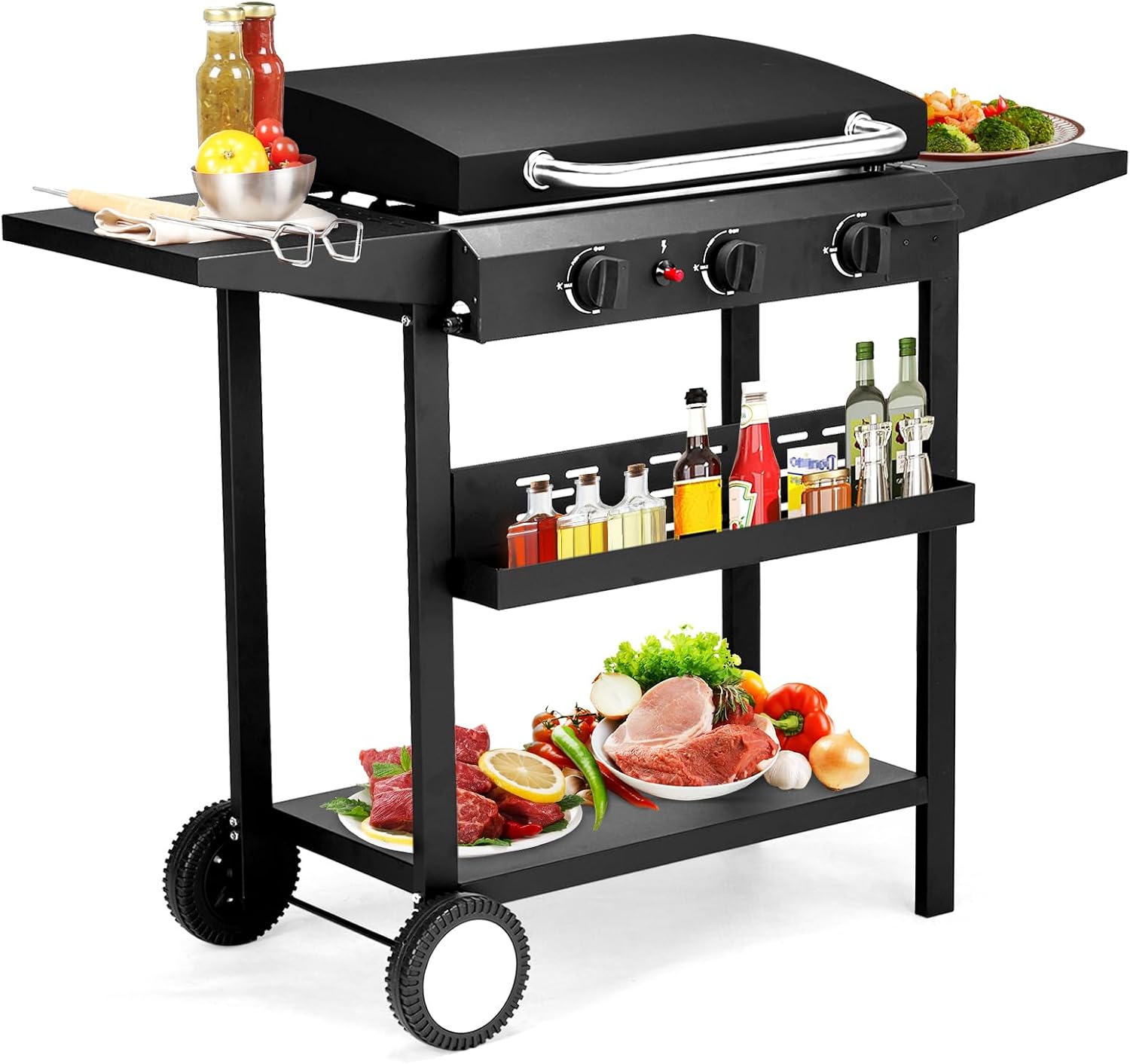 Propane Griddle 3 Burners, Gas Griddle Flat Top Grill, 30,000 BTU Outdoor Griddles on Cart, Enameled Cast Iron Pan with Top-Lid, Outdoor Cooking Station for BBQ, Tailgating, Backyard, Patio, Black