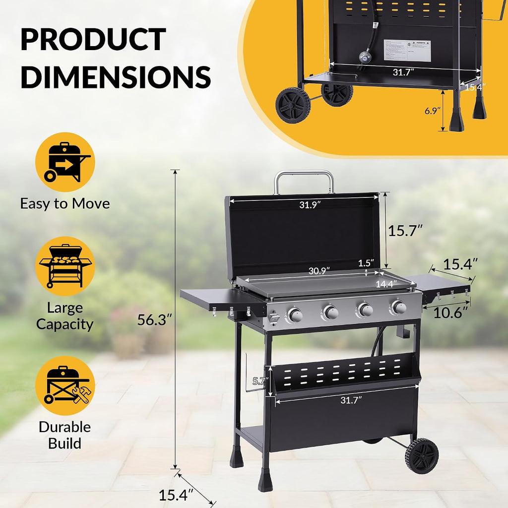 MAGIC UNION 4-Burner Heavy Duty Rolling Flat Top Propane Gas Griddle, Portable Griddle on Cart with Hood & Foldable Side Shelves, 32000 BTU 455 sq.in, for Outdoor Cooking, Camping & Tailgating