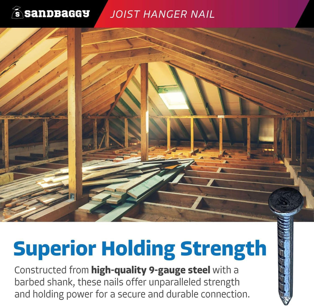 Sandbaggy 1-1/2' Joist Hanger Nails (appx. 150 nails/lb) - Barbed Shank, 9 Gauge Steel, 5/16' Diameter Round Head - 4d Nail (500, Pounds)