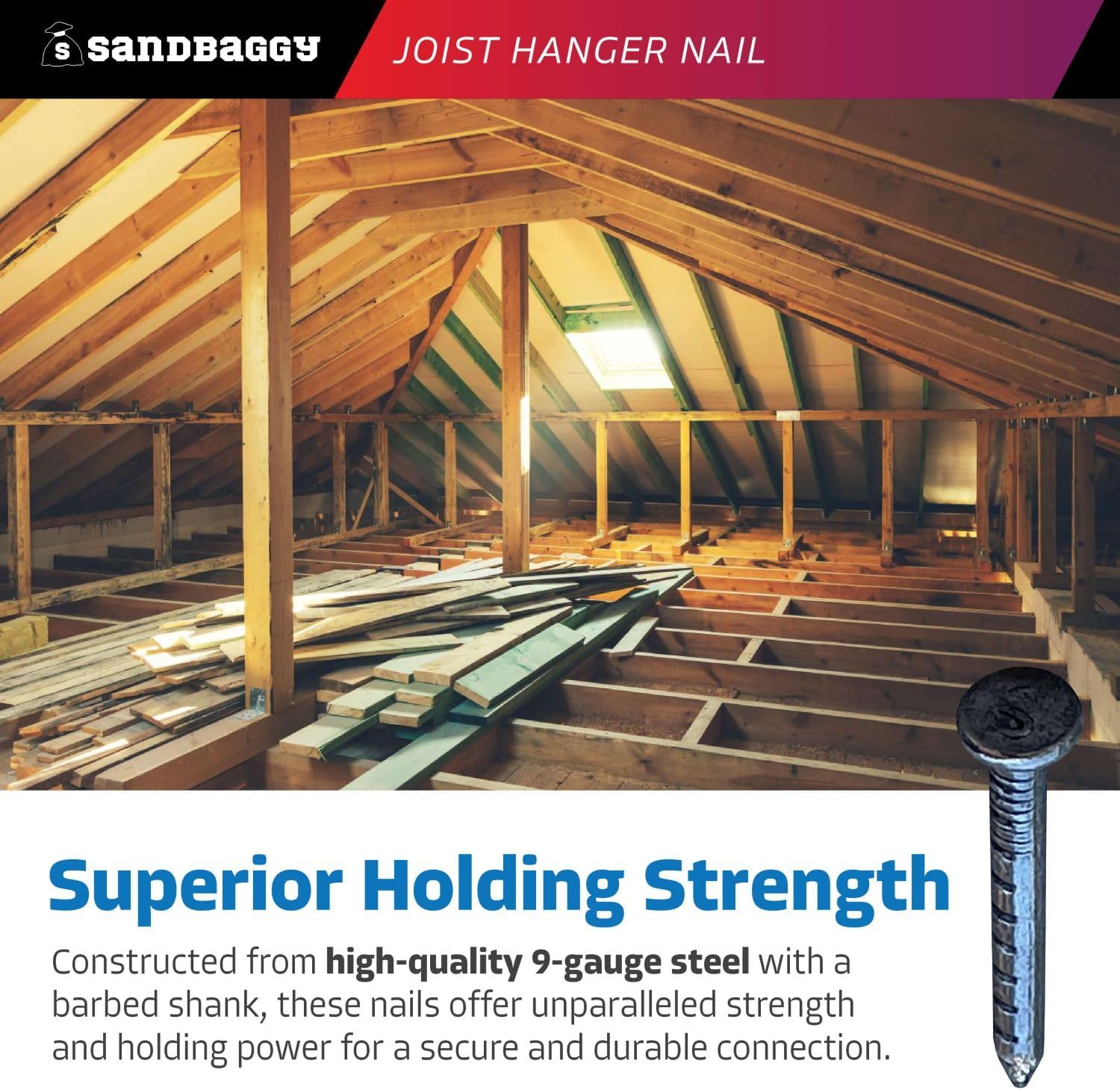 Sandbaggy 1-1/2' Joist Hanger Nails (appx. 150 nails/lb) - Barbed Shank, 9 Gauge Steel, 5/16' Diameter Round Head - 4d Nail (500, Pounds)