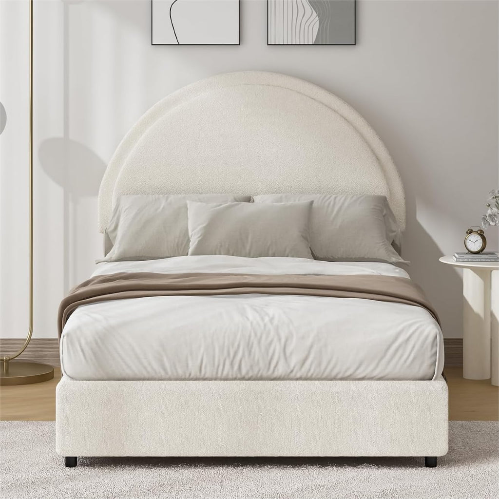 REVOMINCA Twin Size Bed Frame, Boucle Upholstered Platform Bed with Headboard, Cloud Bed Frame with Soft Rounded Corners, No Box Spring Required, Easy Assembly, White