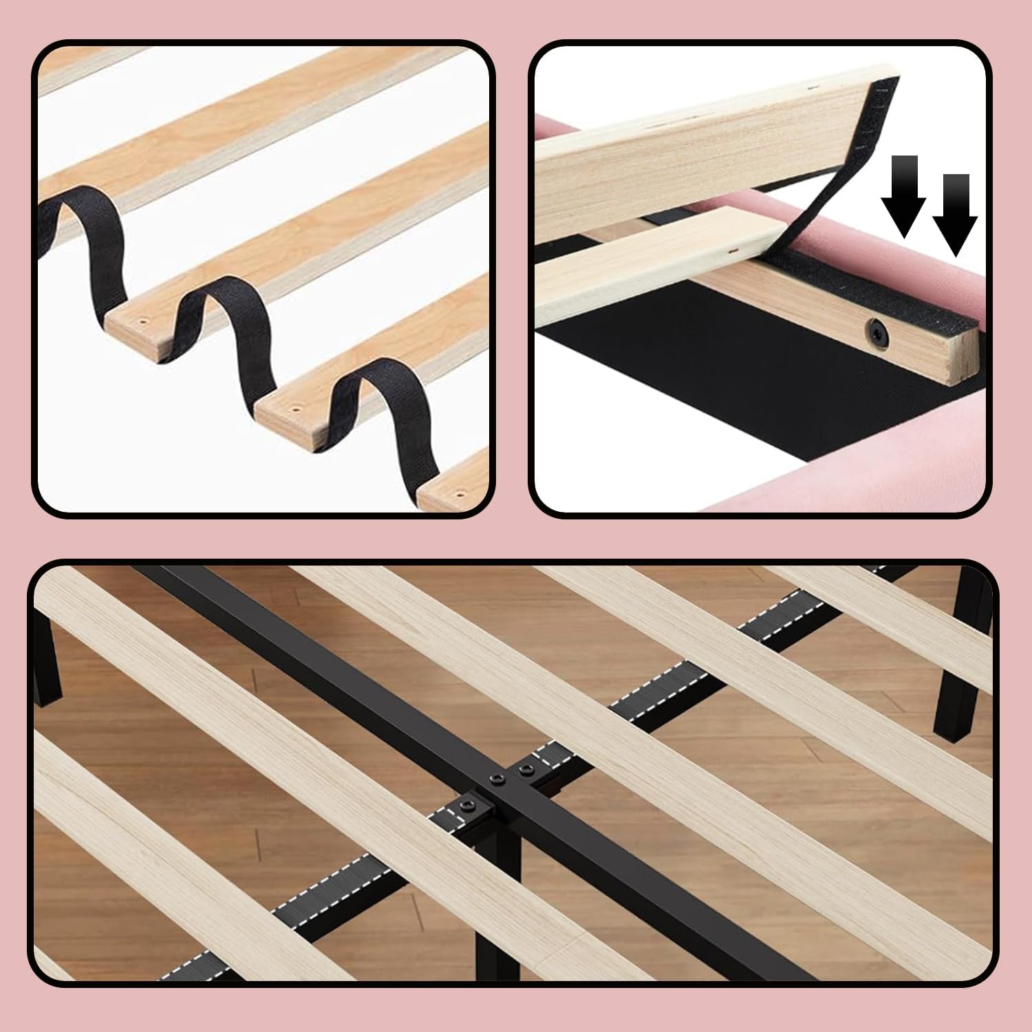 Ailisite Twin Size Floating Bed Frame with Upholstered Headboard and Charging Station, Boucle Platform Bed Frame Queen Size with RGB Led Lights, Strong Wood Slat Support, No Box Spring Needed,Pink