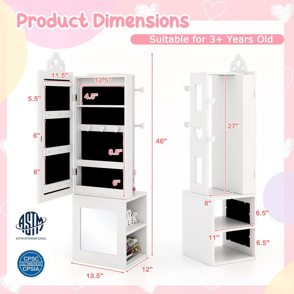 Costzon Kids Vanity & Jewelry Armoire Cabinet, Wooden Kids Vanity Table and Chair Set, Standing Jewelry Organizer with Full-Length Mirror, Large Storage, Kids Bedroom Furniture Set for Girls (White)