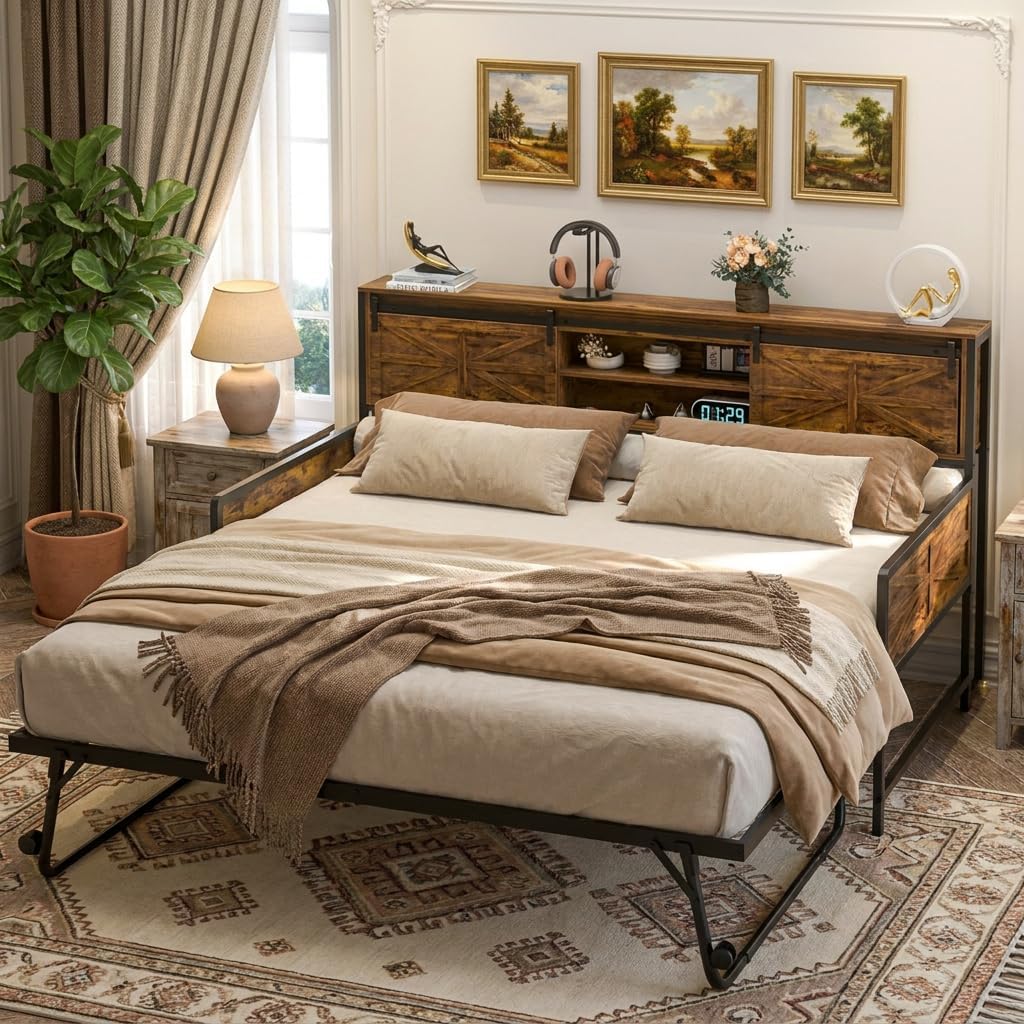 Homieasy Farmhouse Twin Daybed with Pop-Up Trundle, Metal Trundle Bed Frame with Bookcase Headboard, Charging Station & Barn Door Storage for Bedroom & Guest Room, Rustic Brown